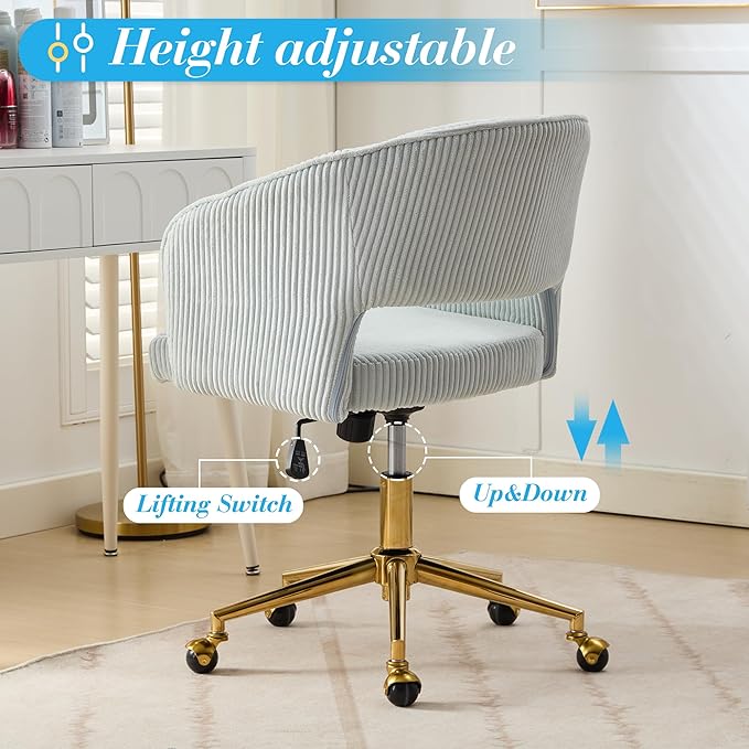 KCC Home Office Chair Swivel Desk Chair Accent Armchair Upholstered Modern Tufted Chairs with Gold Base for Girls Women Ergonomic Study Seat Computer Task Stools, with Wheels, Corduroy,Light Blue