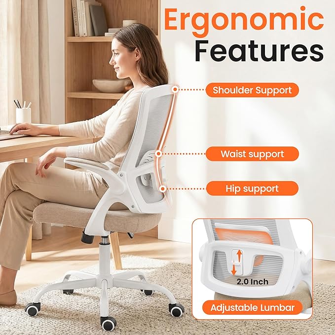 NEO CHAIR Office Chair High Back Desk Mesh Chair Comfy Computer Gaming Seat with Adjustable Ergonomic Lumbar Rolling Flip-up Armrests and Wheels (Beige)