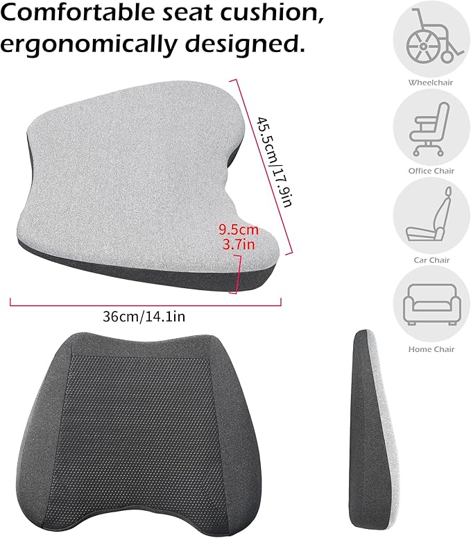 Car Seat Cushion, 2 in 1 Car Seat Cushion or Lumbar Support, Ergonomic Memory Foam Seat Cushions for Car Truck Sedan Home Office, Grey