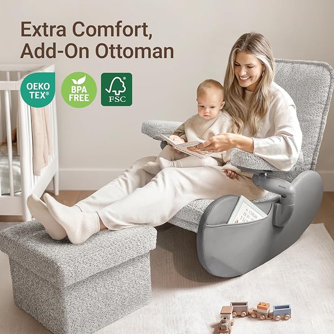 MAMAZING Lullabud Nursery Rocking Chair Glider with Adjustable Armrests for Breastfeeding, Upholstered Nursing Chair with Removable Cover (Grey/Grey)