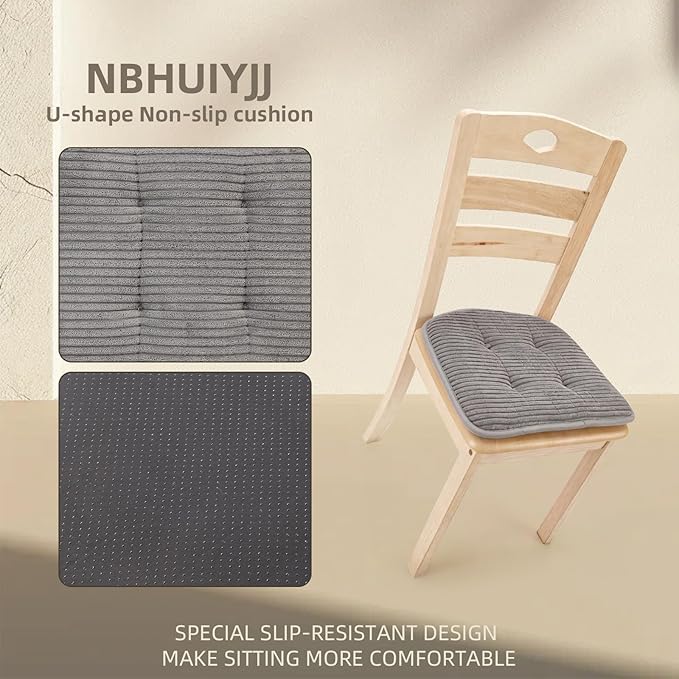 Memory Foam Chair Cushion, U-Shape 17" x 15" Tufted Non-Slip Back Seat Cushion for Dinning Room, Office, Kitchen, 4 Counts, Grey