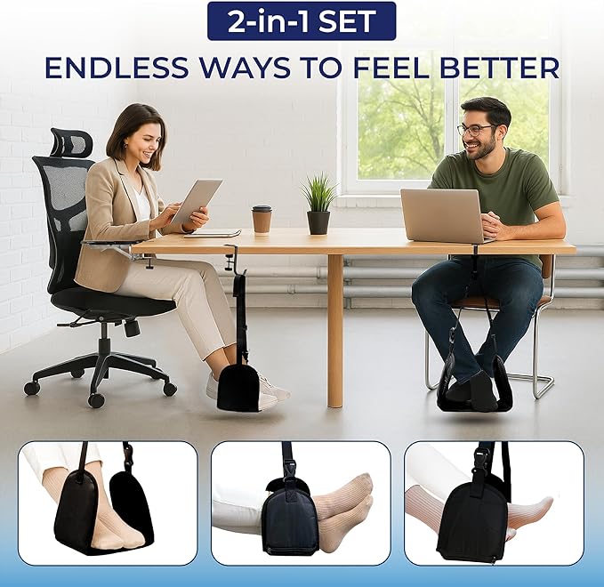 Ergonomic Foot Hammock & Arm Rest for Desk - Memory Foam Footrest Under Desk with Adjustable Elbow Support for Office Work & Gaming | Comfort Set for Everyday Relief