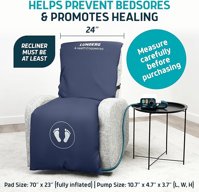Lunderg Alternating Air Pressure Pad for Recliner Chair - Pressure Relief Cushion Topper for Recliner - Bed Sore Prevention - Medical Grade Mattress Pad, Cover & Quiet Pump - Home or Hospital (Blue)