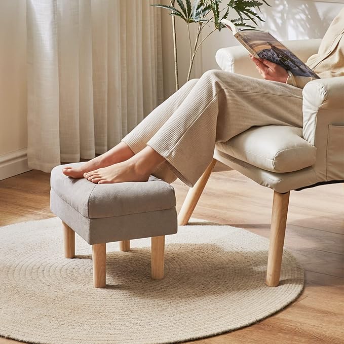 YMYNY 15.75" Small Foot Stool Ottoman, Footrest with Sponge Soft Padded Seat, Cotton-Linen Blend Fabric Footstool for Sofa, Bedroom, Living Room, Entryway, Solid Wood Legs, Gray, UHBD023G