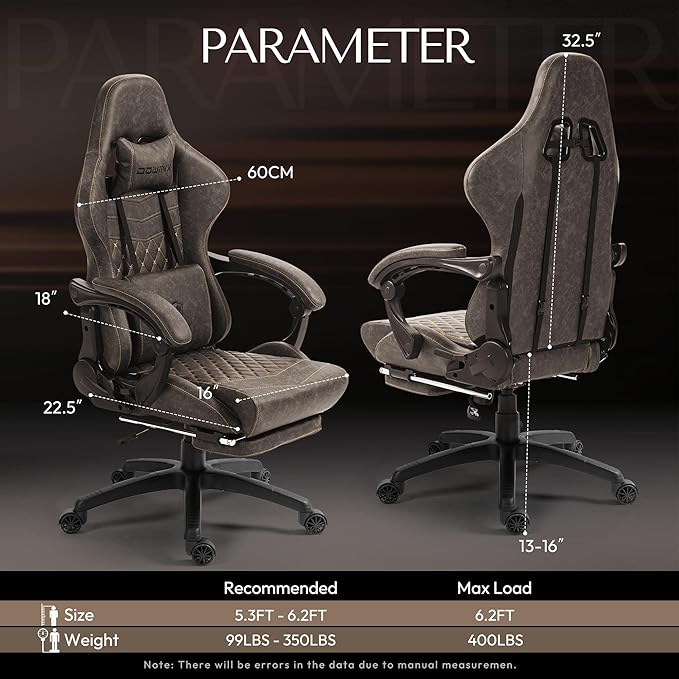 Dowinx Big & Tall Vintage Gaming Chair for Adults, 400 lb Capacity Heavy Duty Ergonomic Computer Chair with Massage Lumbar, Footrest & Easy Side Recline, Brown