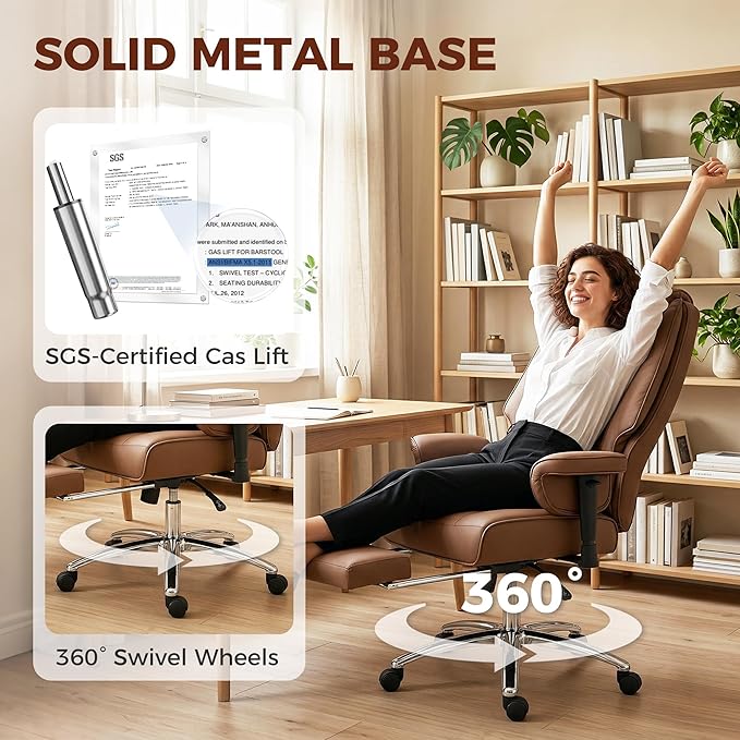 HOMCOM Ergonomic Executive Office Chair with Foot Rest, Reclining Swivel Computer Desk Chair with Adjustable Armrests, Spring Seat, High Back, Thick Cushion, Pet Friendly Faux Leather, Brown