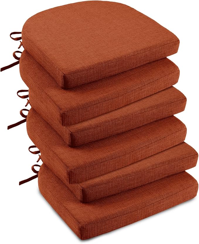 downluxe Indoor Chair Cushions for Dining Chairs, Soft and Comfortable Textured Foam Kitchen Chair Pads with Ties and Non-Slip Backing, 16" x 16" x 2", Orange, 6 Pack