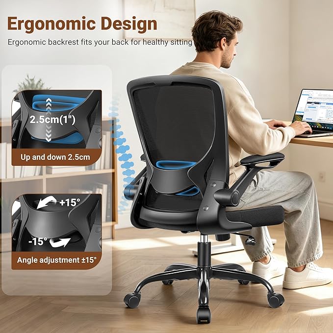 BESTFAIR Ergonomic Office Chair, Mesh Computer Desk Chairs with Lumbar Support, Swivel Desk Chair with Flip-up Arms and Adjustable Height, Black, 8-Pack