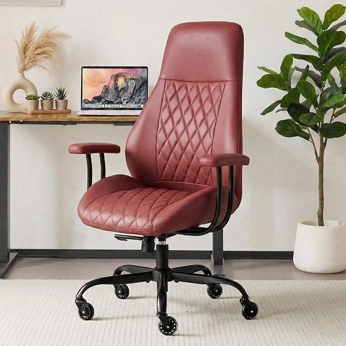 E-Motie Office Chair with Rubber Wheels, Ergonomic Computer Chair 500 lbs, Leather Desk Chair with Lumbar Support, Executive Chair Adjustable Height & Recline, Red