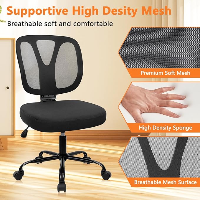 CLATINA Armless Home Office Chair, 360° Swivel Rolling Desk Chair with Lumbar Support and Wheels, Adjustable Height Mesh Back Small Ergonomic Computer Task Chair for Conference Waiting, Black(6 Pack)