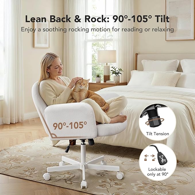 HUANUO Criss Cross Office Chair for Women, Cross Legged Desk Chair with Adjustable Armrests, Soft Corduroy Fabric for Small Spaces, Petite Home Office Computer Chair for Girls, White