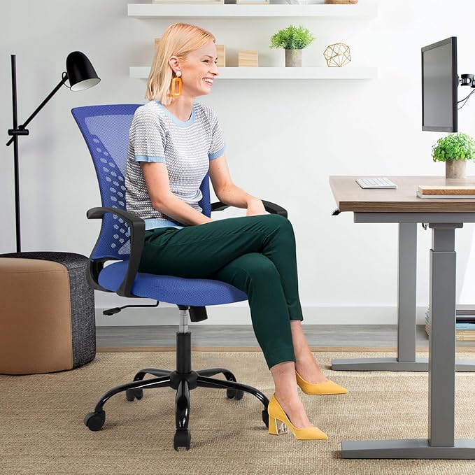 Mesh Office Chair with Adjustable Height & Arms - Ergonomic Mid Back Swivel Chair for Desk, Comfortable Home Computer Chair with Lumbar Support, Modern Design (Blue)