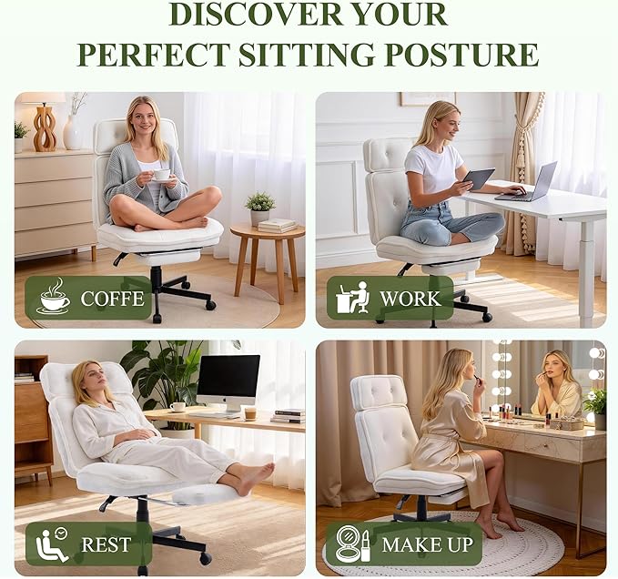 Criss Cross Chair with Wheels, Wide Seat Cross Legged Office Chair with Footrest, Adjustable Headrest & Reclining Backrest, Upholstered Ergonomic Desk Chair for Home Office, Gaming, Vanity (White)
