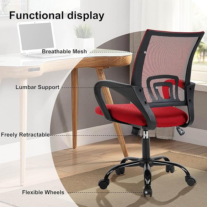 Computer Desk Chair,Work Chairs for Home Office,Ergonomic Office Chair with Lumbar Support,Mesh Office Chair with Arm and Wide Comfortable Seat,Adjustable Rolling Office Chair,Red