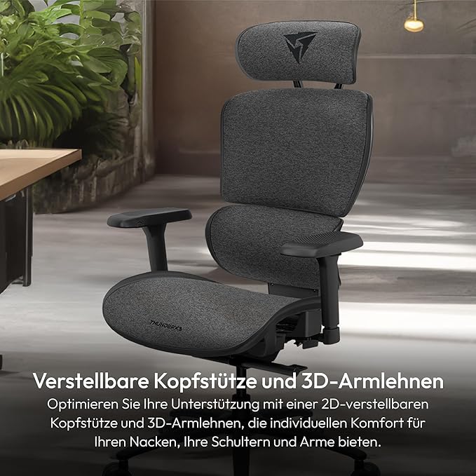 ThunderX3 XTC Ergonomic Office Chair, for Adults Gaming Chair, High Back Desk Chair, Synchronous Tilt, Self-Adjusting Lumbar Support and Backrest, Adjustable Headrest, Fabric, Loft Dark Grey