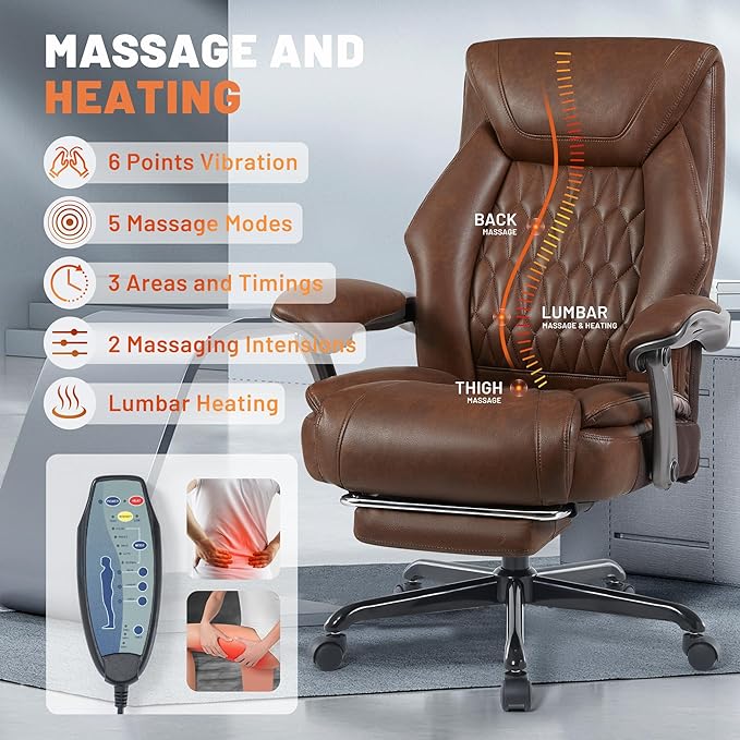 Massage Office Chair with Heat & Foot Rest, 6 Points Vibration, Ergonomic Executive Reclining Desk Chair, PU Leather Padded Seat for Home Office Comfort