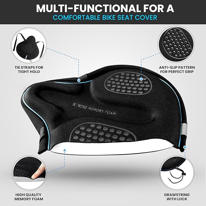 X WING Bike Seat Cover Padded with Memory Foam, Bicycle Saddle Soft for Men Women, Comfort Exercise Cycle Seats Cushion Padded Fits Stationary Bikes, Spin, for Indoor and Outdoor Cycling
