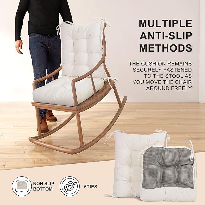 Lokex Rocking Chair Cushion Only,Tufted Non-Slip Comfortable Rocking Chair Cushions Indoor with Ties,Striped Rocking Chair Pads (White-S2064-1, 21x17/17x17)