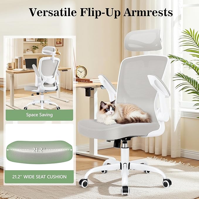 BESTFAIR Office Chair Ergonomic Desk Chair, Breathable Mesh Office Chairs with Adjustable Lumbar Support, Flip-Up Arms, Computer Desk Chair Comfy for Home Office, Light Gray