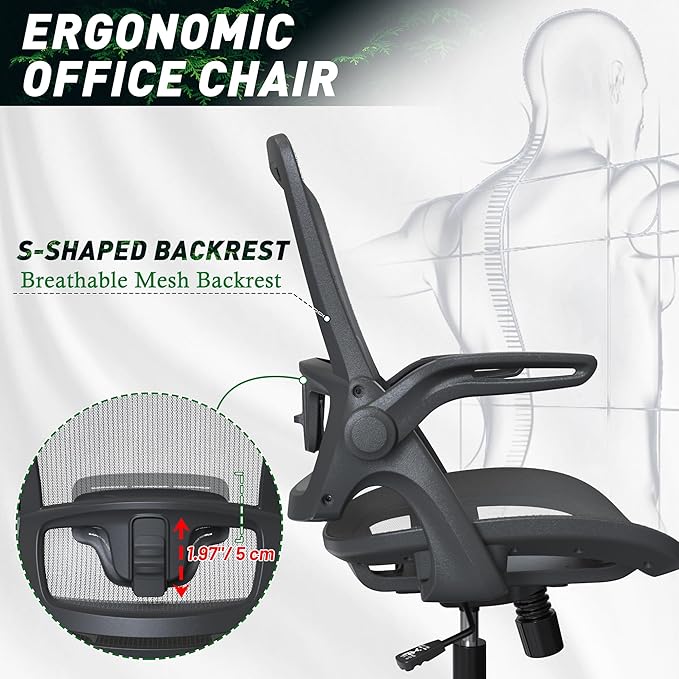 Mesh Seat Home Office Desk Computer Chair, Black, Height Adjustable Back Support with Flip Up Arms, Swivel Wheels for Adult