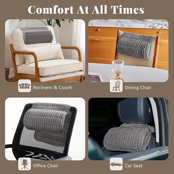 Headrest and Support Pillow,Recliner Pillow for Neck, Head, or Foot for Office or Massage Chairs, Neck Pain Relief and Cervical Support. Nonslip, Zipped Cover. (Gray, 5.5" Wx13 Lx3 H)