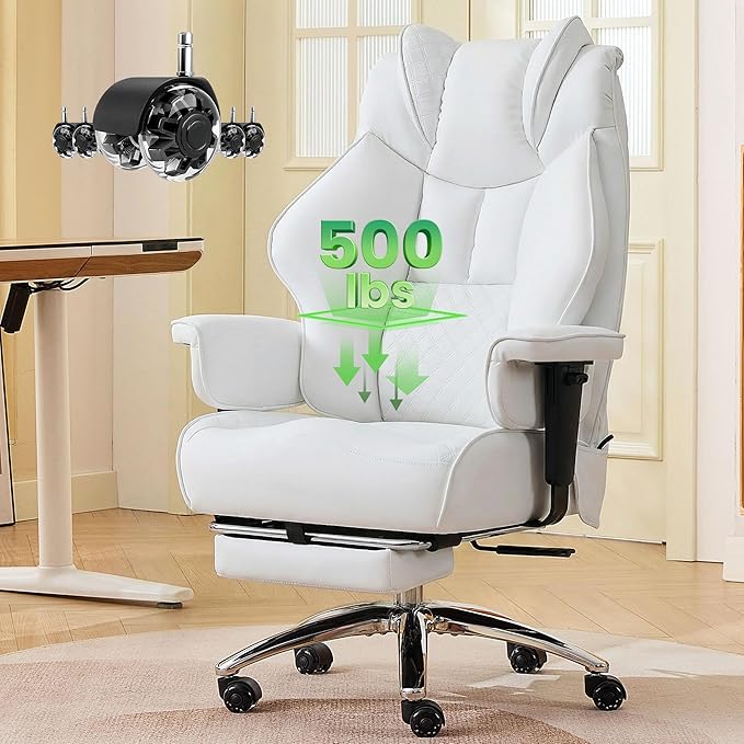 500lbs Big and Tall Office Chair Adjustable Lumbar Support, Extra Wide Seat Ergonomic Gaming Chair with Footrest, Heavy Duty High Back Executive Leather Computer Desk Chair (White)