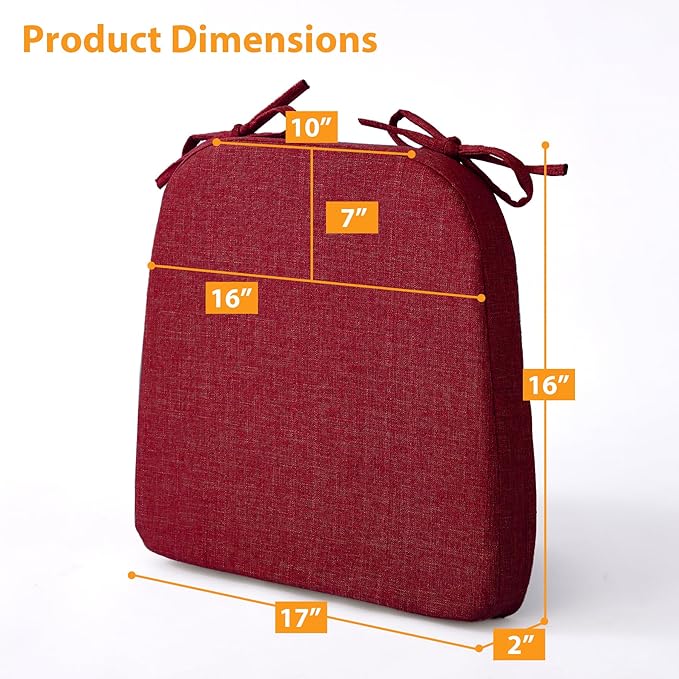 Ruqmuis Chair Cushions for Dining Chairs, 2" Thick Seat Cushions for Kitchen Chairs, D-Shaped Chair Pads with Washable Cover, Ties and Non Slip Backing, 17'' x 16'', Set of 4, Red
