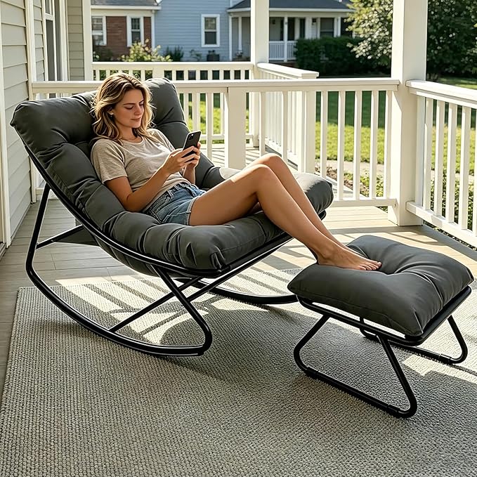 Outdoor Rocking Chair, Rocking Chair with Foot Rest, Comfy Rocker Chairs with Thick Cushion and Frame, Mecedora for Balcony, Living Room, Patio (Grey.)