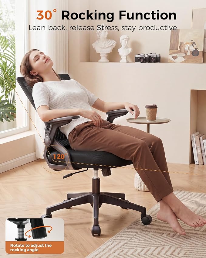 GTPLAYER Ergonomic Office Chair with Flip-up Armrests Executive Computer Chair for Home Office, Breathable Mesh & Comfy Lumbar Support, Black