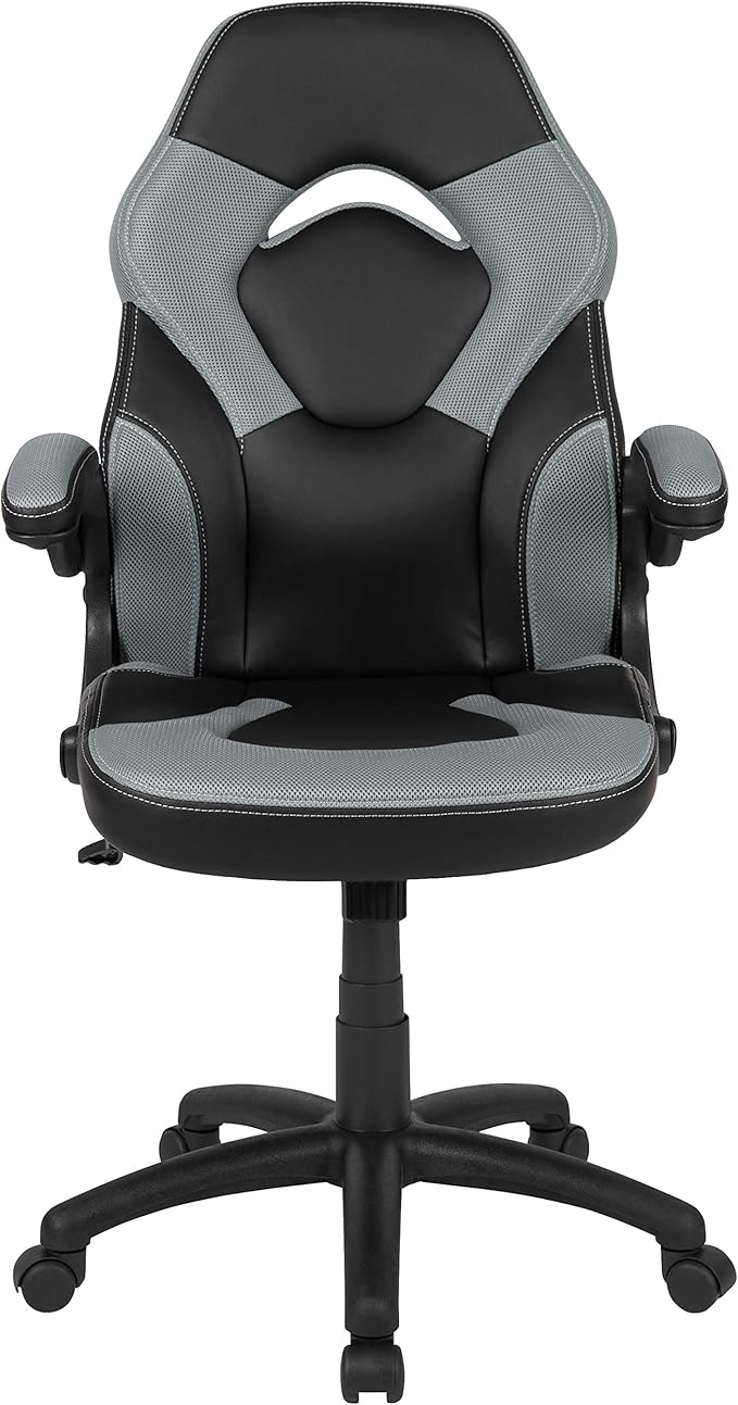 Flash Furniture X10 High-Back LeatherSoft Racing Style Gaming Chair with Flip-Up Arms, Ergonomic Padded Swivel Computer Chair, Gray/Black