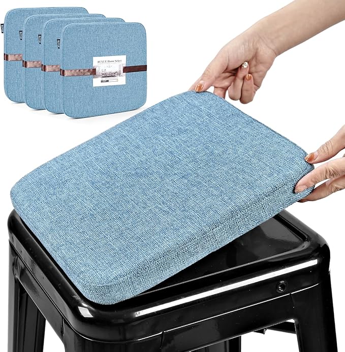BUYUE Friendly Woven Fabric Magnetic Bar Stool Cushions Set of 4, Enhanced Anti-Slip Breathable Small Chair Seat Pads for Café Bistro Stackable Metal Stools (Square, Light Blue, 4 Counts)