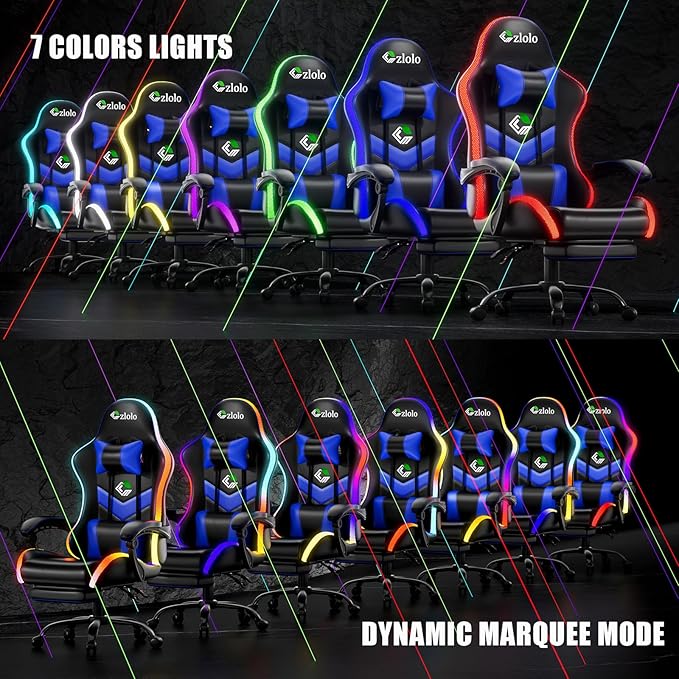 Czlolo Gaming Chair, 2026 Upgraded RGB LED Lights Computer Chair with Footrest, Lumbar Support Massager Gamer Chair, High Back, 90-135° Reclining, Linkage Armrests, Blue