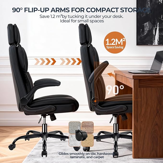 Office Chair with Adjustable Headrest - Executive Leather Desk Chair for Home Office, with Flip-Up Arms & Ergonomic Lumbar Support, Perfect for Work and Study, Black