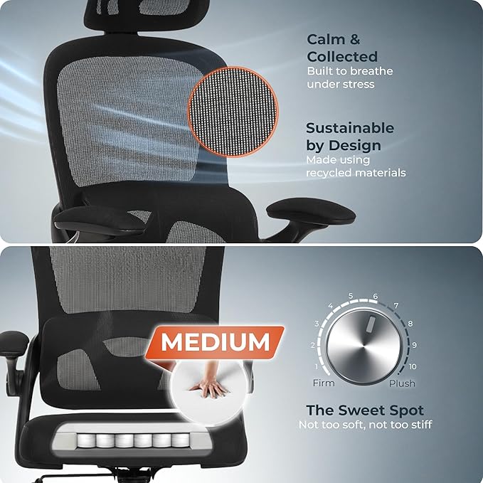 AeroCore M320 Ergonomic Office Chair, High Back Breathable Mesh Computer Chair with Lumbar Support, Adjustable Headrest & Tilt, Flip-Up Arms, 360° Swivel Home Office Desk Chair, Black