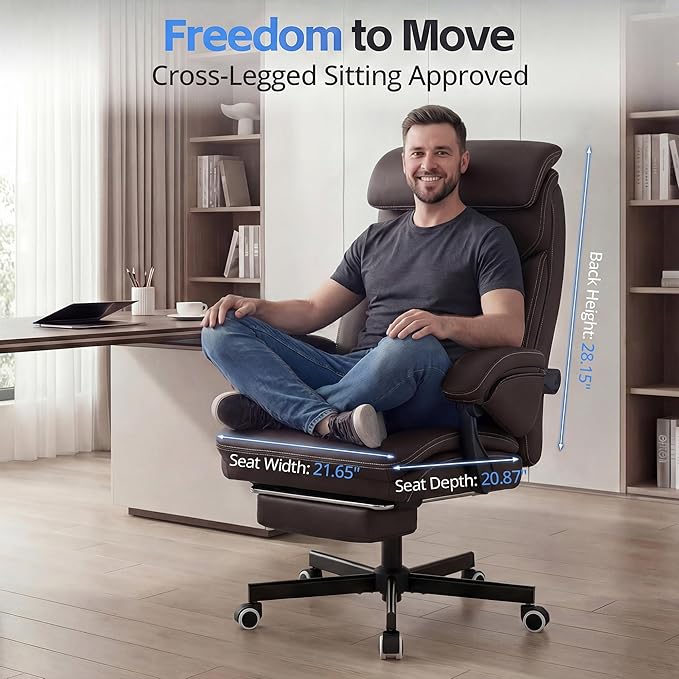Ergonomic Executive Office Chair - Big and Tall Home Comfy Desk Gaming Chair for Adults, Heavy Duty Leather Reclining Wide Computer Chair with Foot Rest and Back Support (Brown)