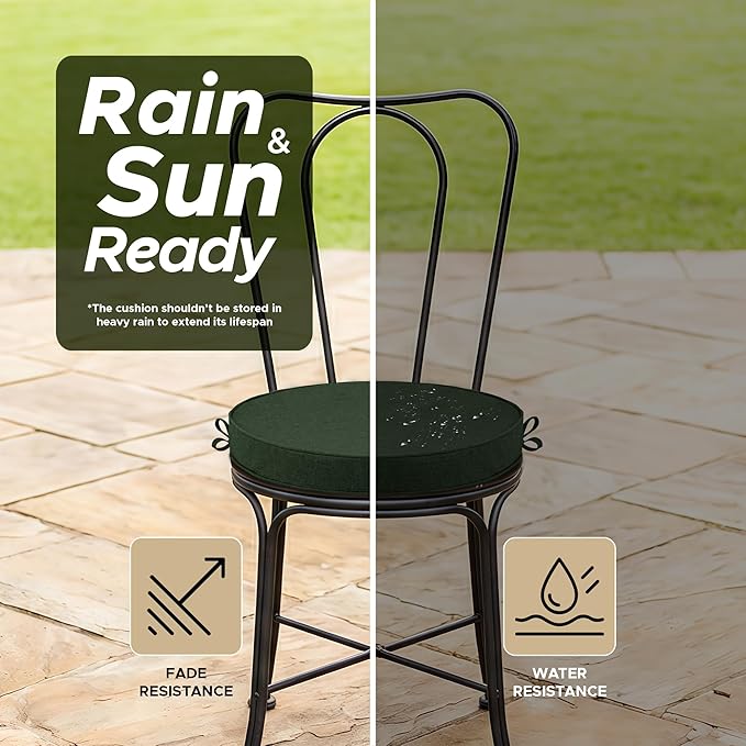 Outdoor Round Chair Cushions 15 Inch, Fade-Resistant & Water-Resistant, Bistro Chair Seat Pads for Porch Garden Balcony Patio Furniture Stools, Non-Slip Bottom, Set of 2, Olive Green
