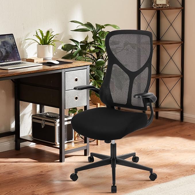 DUMOS Home Office Desk Chair - Ergonomic High Back Mesh Computer Chair with Comfy Flip-up Armrests, Adjustable Height Swivel Task Chair with Wheels, Comfortable Lumbar Support, for Adults, Black