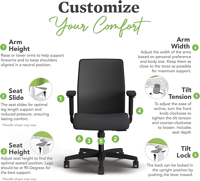 HON Ignition 2.0 Low Back Task Chair, Spectrum Mesh, Standard Synchro-Tilt Control, Office Chair with Lumbar Support, Height and Width Adjustable Arms, Black Frame, Linen