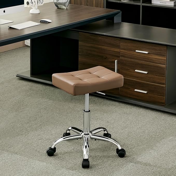 FIRAVOE Ergonomic Desk Stool with Wheels (Adjustable Height 17"-21") (300lbs Capacity) Faux Leather Office Stool (Coffee Brown)