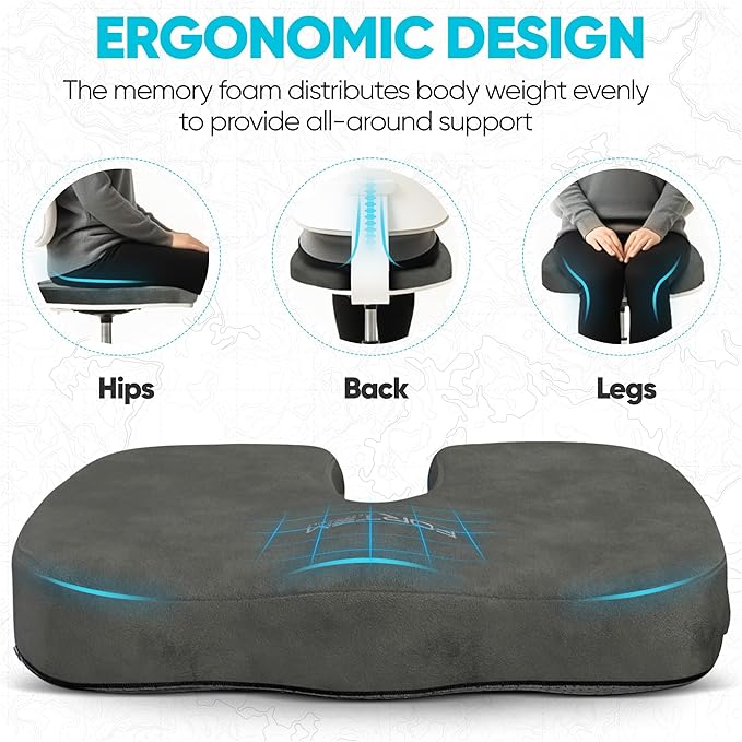 FORTEM Seat Cushion, Office Chair Cushion, Memory Foam Car Seat Cushions, Sciatica Coccyx Tailbone Pain Relief, Chair Cushions for Back Support, Sitting Pad for Gaming, Washable Cover, Non Slip
