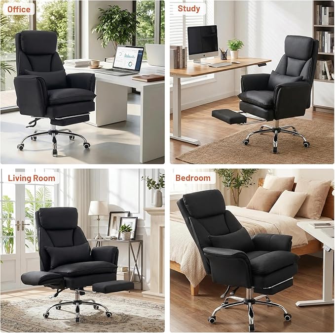 Furniliving Big and Tall Office Chair, Ergonomic Computer Desk Chair with Footrest, Wide Seat Reclining Gaming Chair, Flip Armrests for Cross Legged Sitting, Heavy Duty Support up to 400LBS, PU, Black