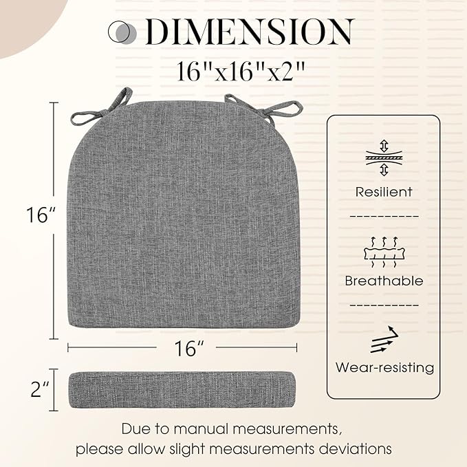 Basic Beyond Chair Cushions for Dining Chairs 6 Pack, Kitchen Chair Cushions with Ties and Non Slip Backing, 16 x 16 inches Chair Pads for Dining Chairs (Dark Grey)
