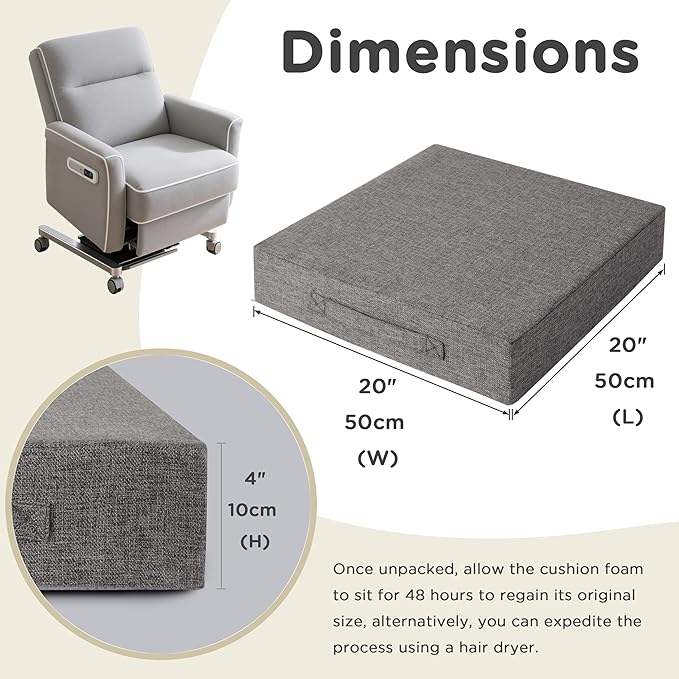 AddGrace Recliner Cushions for Elderly Thick Seat Cushion 20"x20"x4" Chair Pads with Non Slip Backing and Washable Cover for Couch Armchair Chairs Light Grey