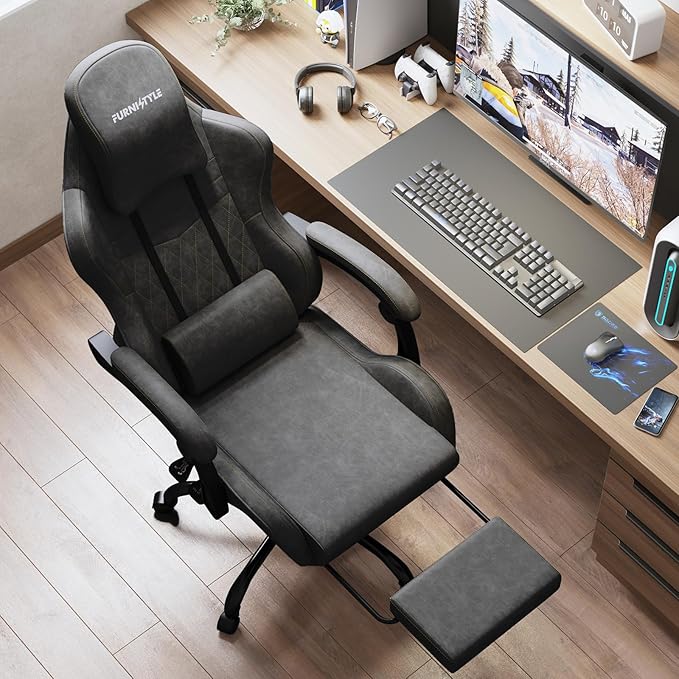 Gaming Chair Big and Tall, Grey Leather Video Game Chairs with Footrest, Padded Linkage Armrests & Large Headrest, Ergonomic Computer Chair 350lbs for Adults Gaming or Office Use