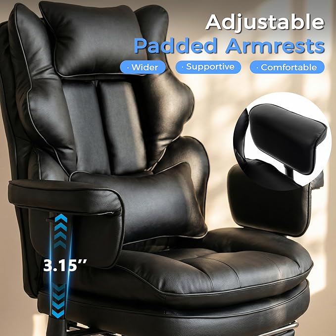 Big and Tall Office Chair, Oversized Computer Gaming Chair with 2-Layer Extra Wide Enlarged Pocket Spring Seat Cushion, High Back Reclining, Adjustable Armrests & Lumbar Support