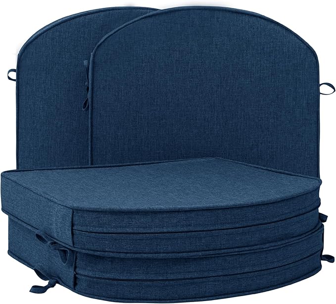 Outdoor Chair Cushions, Fade-Resistant & Water-Resistant, D Shaped Patio Furniture Seat Chair Pads Replacement with Ties, Non-Slip Bottom, Removable Cover, Set of 4, 18.5 x 16 Inch, Navy Blue