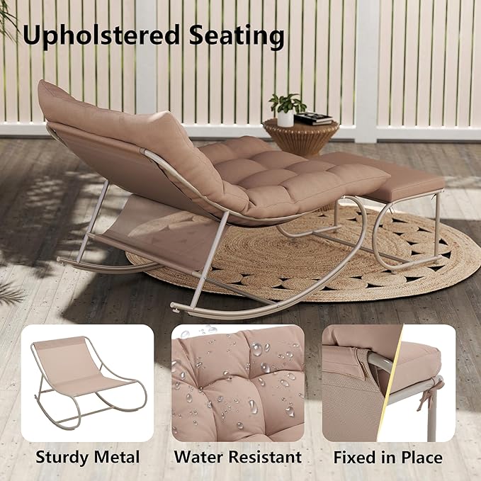 Outdoor Rocking Chairs Set of 2, Modern Papasan Rocking Chairs with Cushions, Upholstered Patio Rocking Chairs with Foot Rest, Cozy Metal Outdoor Lounge Rockers Recliner for Indoor, Khaki