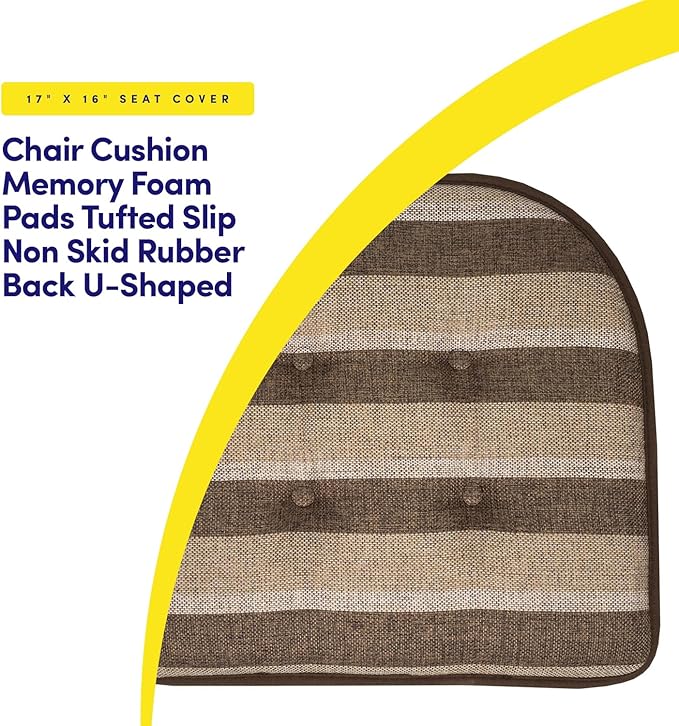 Sweet Home Collection Chair Cushion Memory Foam Pads Tufted Slip Non Skid Rubber Back U-Shaped 17" x 16" Seat Cover, 2 Count (Pack of 1), Bradford Chocolate/Beige