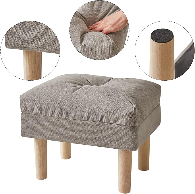 YMYNY 15.75" Small Foot Stool Ottoman, Footrest with Sponge Soft Padded Seat, Cotton-Linen Blend Fabric Footstool for Sofa, Bedroom, Living Room, Entryway, Solid Wood Legs, Gray, UHBD023G