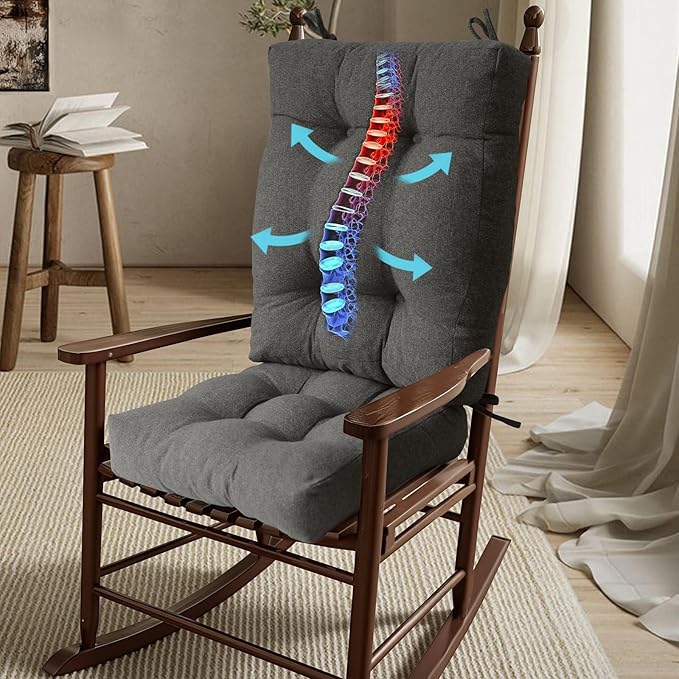 Rocking Chair Cushion, Set of 2, with Thicken Seat & Lumbar Support Back Cushion, Ergonomic Chair Cushion Non-Slip Bottom with Ties for Indoor/Outdoor Rocker, Office Chair, 22X17 Inch, Light Grey